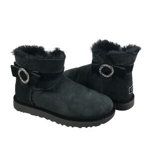 UGG Karlie Brooch Suede Bootie With Swarovski Crystals Sz 8 Black Feminine Comfy